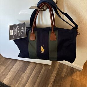 New! Polo by Ralph Lauren Blue and Green Duffel Bag Leather Handles